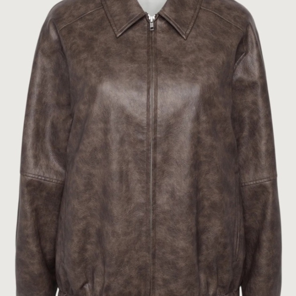 OAK + FORT Distressed Dark Brown Zip Leather Jacket